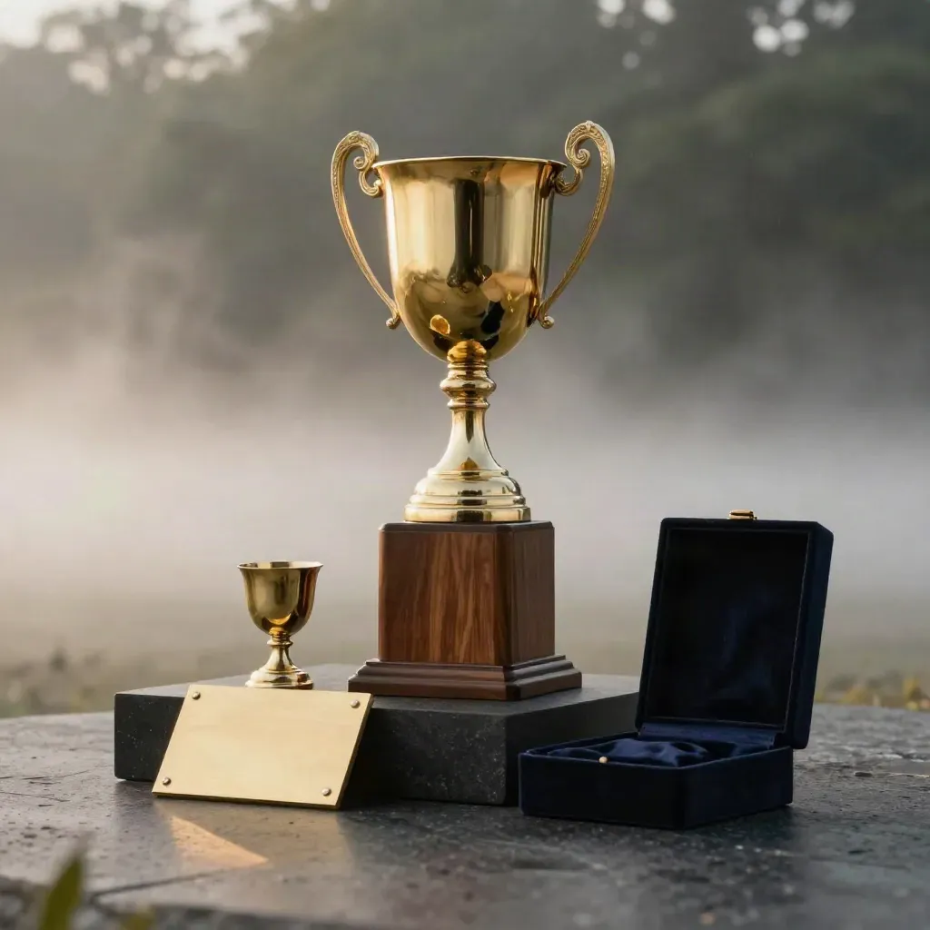 Brass trophy with smaller cup, plaque and velvet box on a misty dark studio plinth.