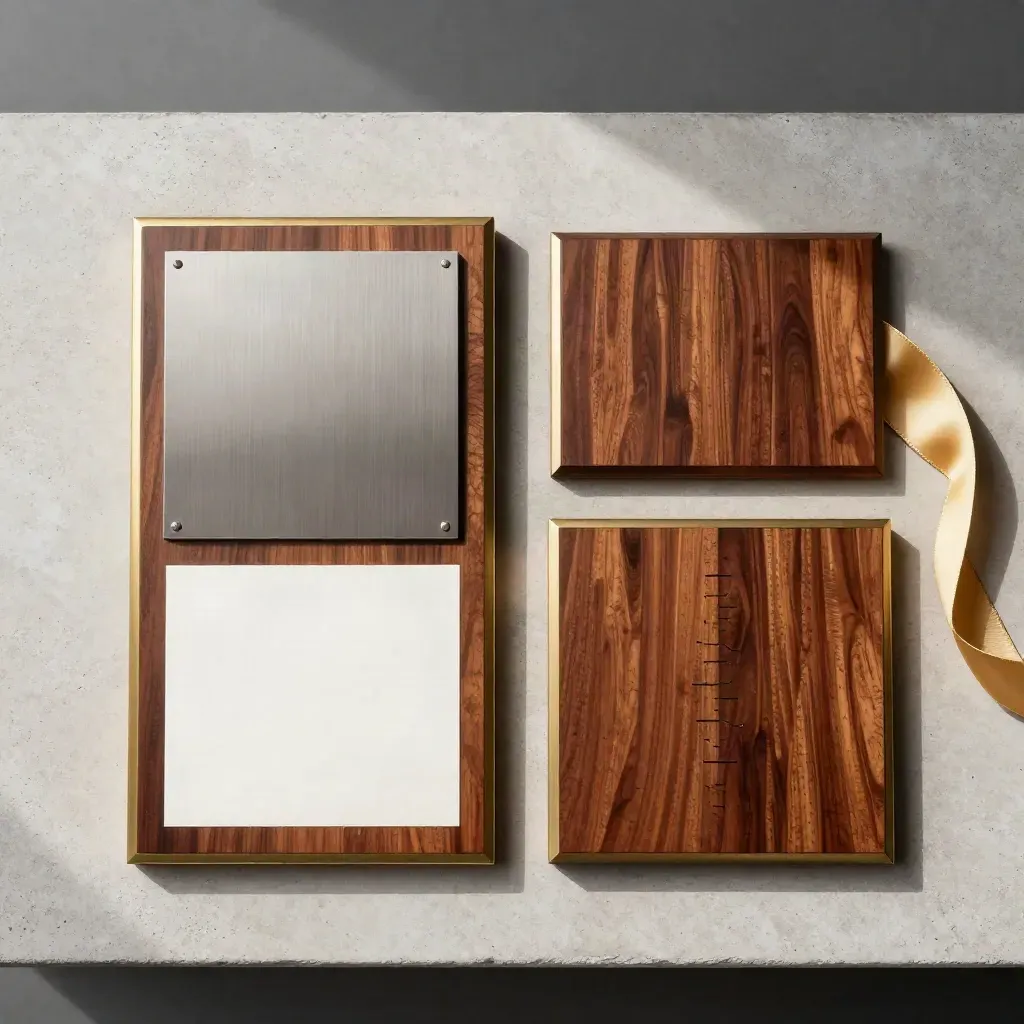 Overhead rosewood service plaque trio with ribbon and blank award card on pale stone.