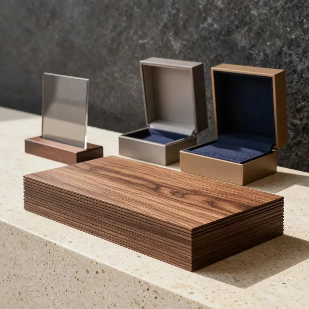 Walnut engraved plaque blanks, award stand, and open matte cases on travertine in soft daylight.