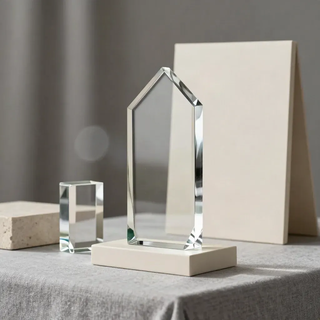 Crystal award on an ivory riser with a smaller block, glowing in a soft awards gallery