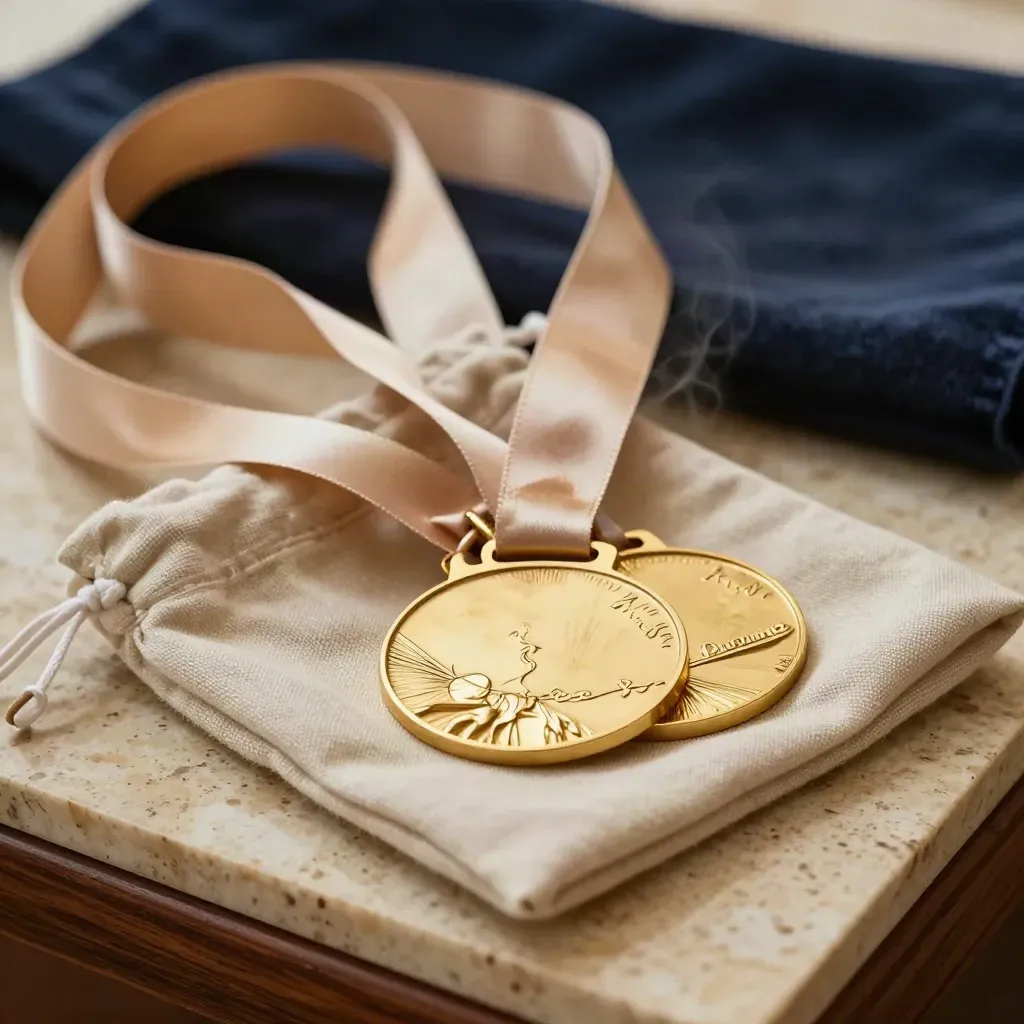 Three gold medals, ribbon loop and linen pouch on travertine with soft navy backdrop