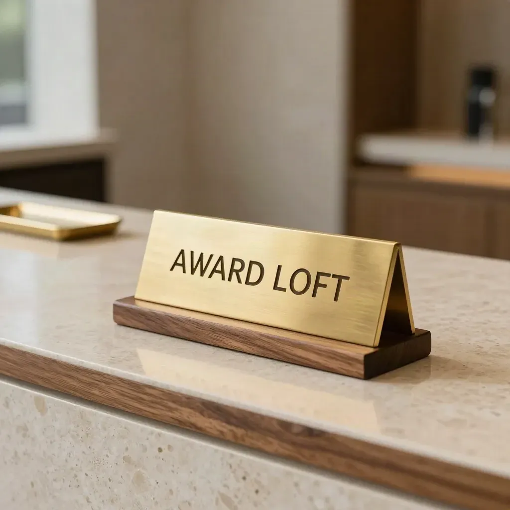 Brushed brass desk nameplate on walnut stand with matching plaque and pen tray in travertine lobby.