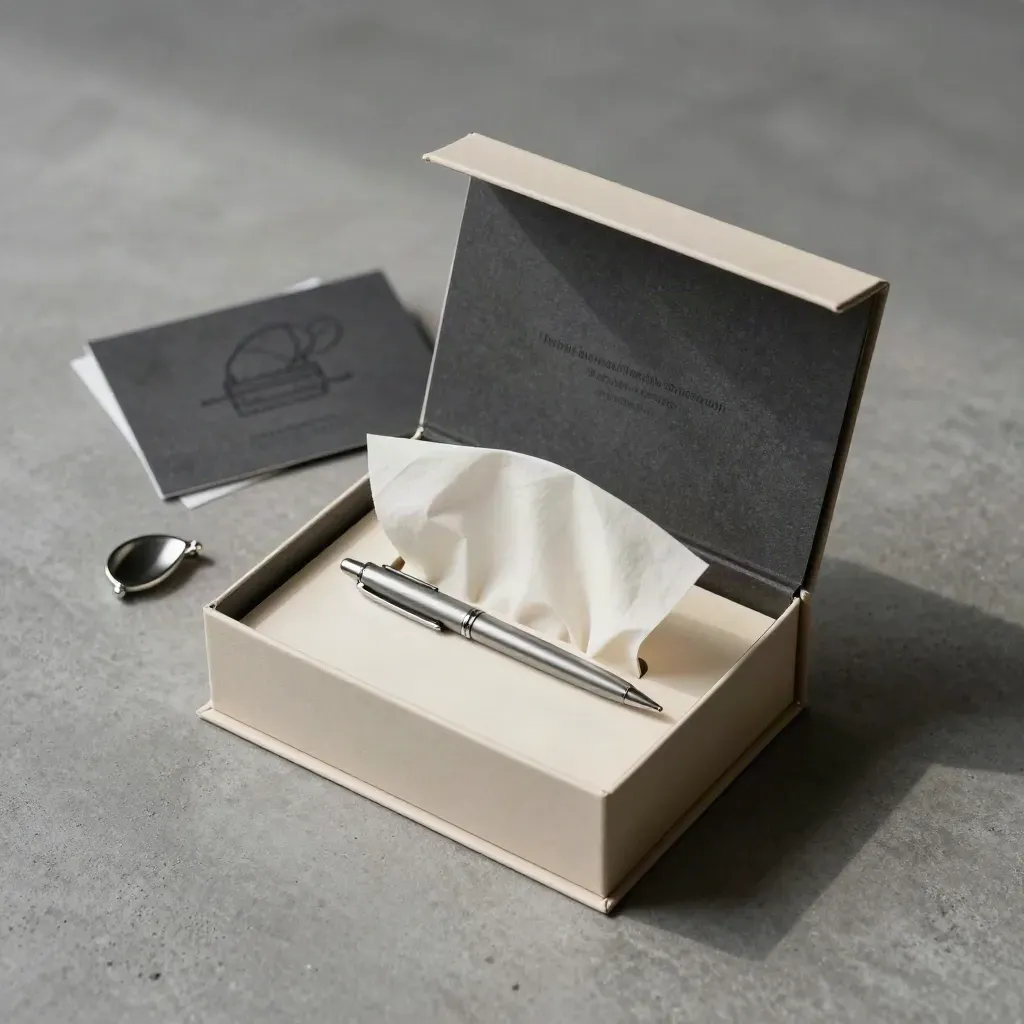 Charcoal gift box with cards, pen, pin and tissue on concrete, overhead flatlay
