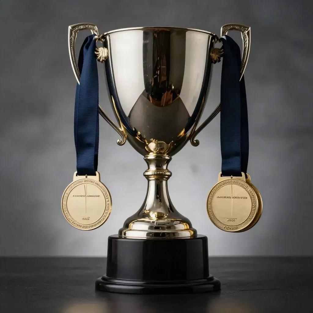 Hero cup trophy with two medals on a dark studio surface, lit dramatically.