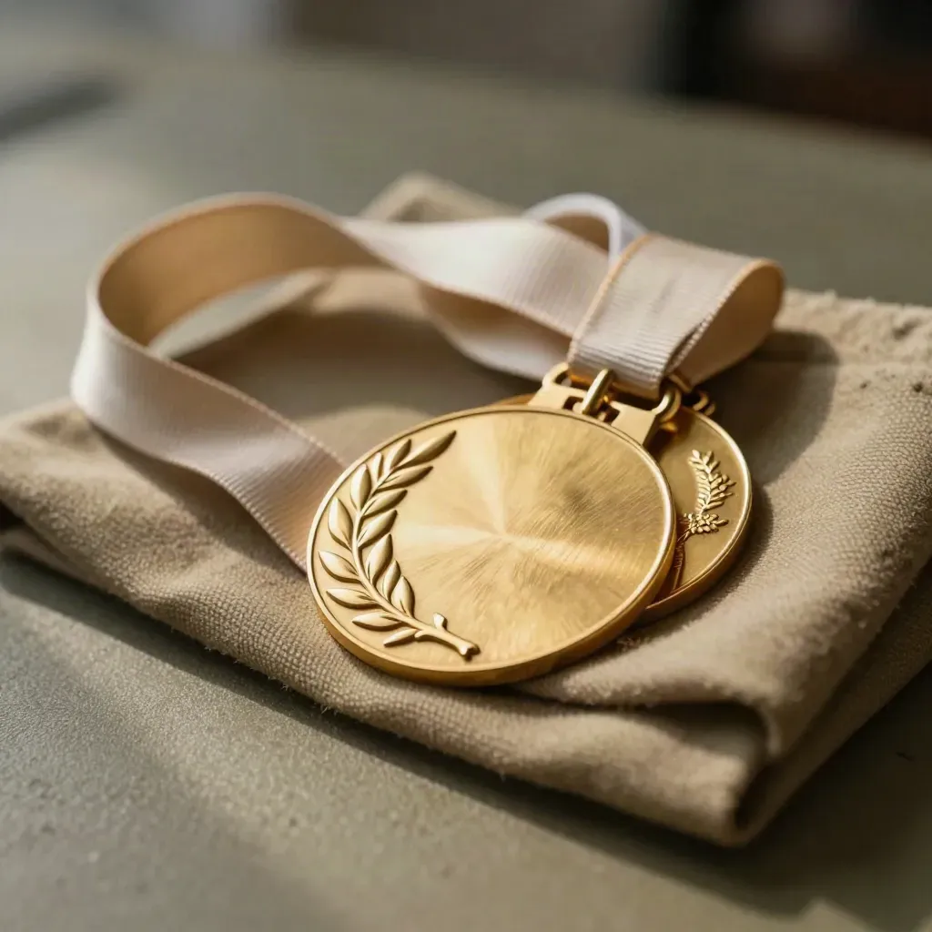 Close-up of a gold honor medallion with ribbon and second medal on textured fabric.