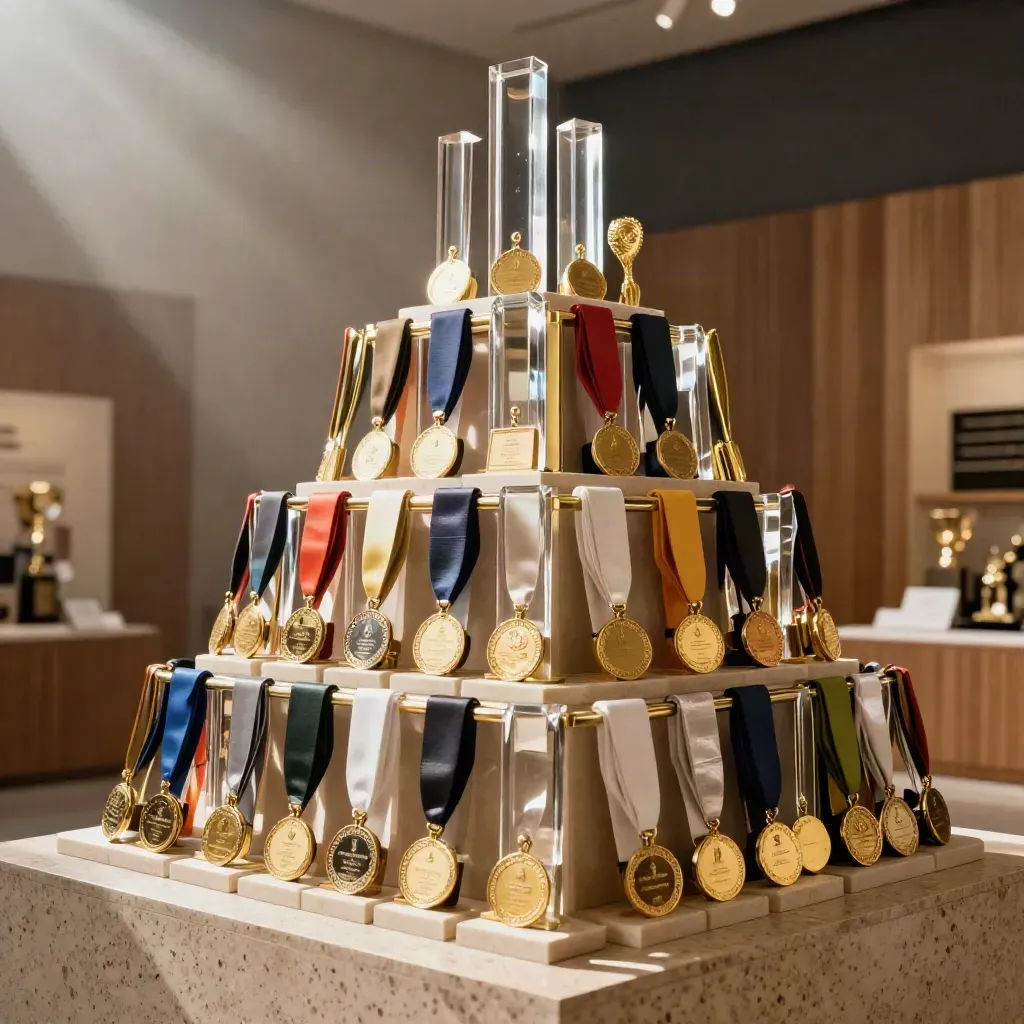 Tiered mixed trophies, plaques and medals bursting upward in a premium studio award display.