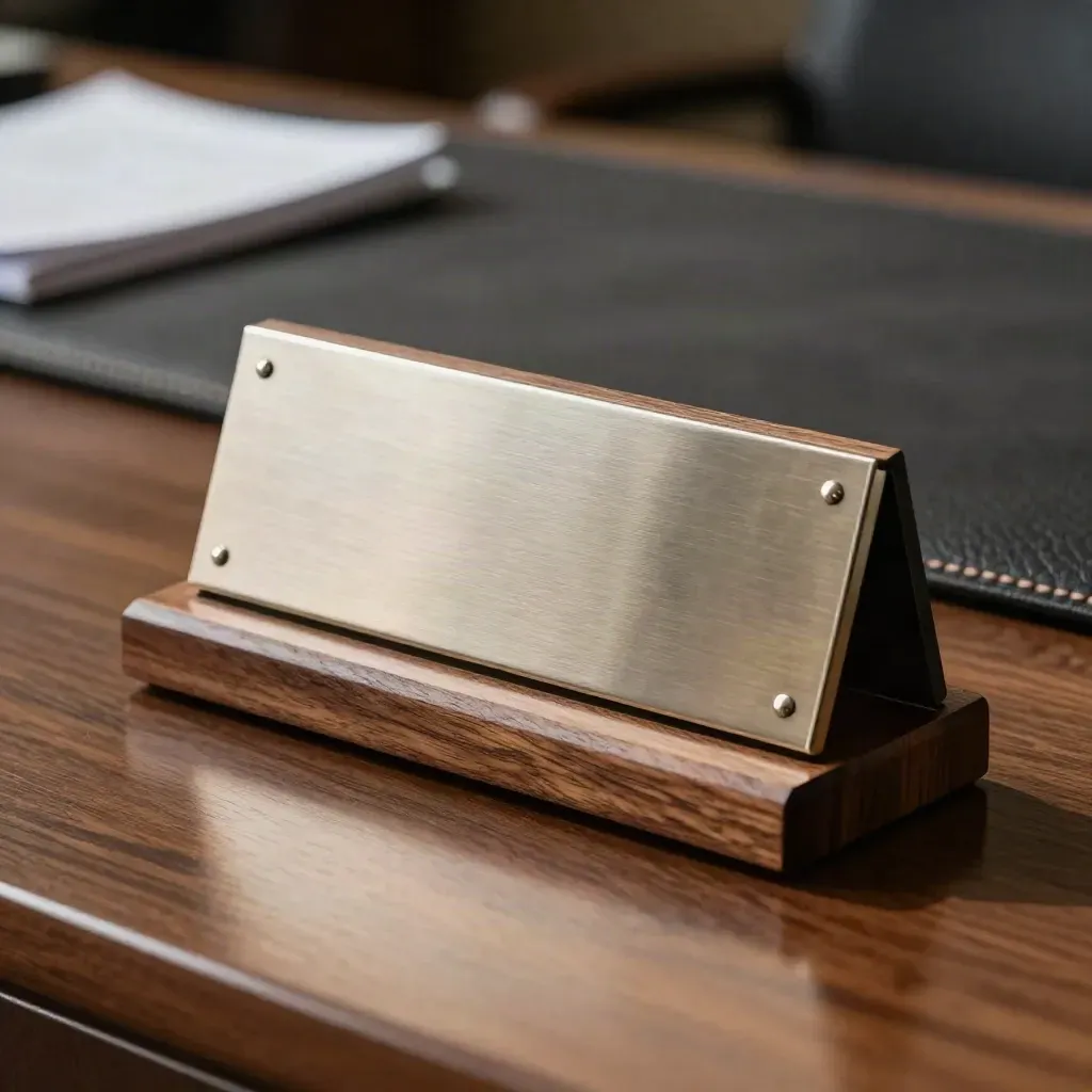 Engraved desk nameplate on walnut base beside a leather blotter, lit by raking side light.