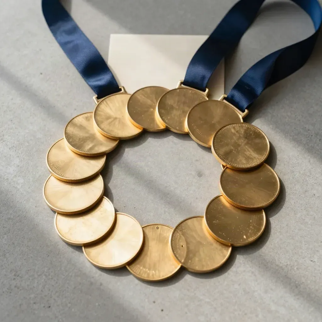 Overhead fan of twelve navy-ribbon service medals on concrete