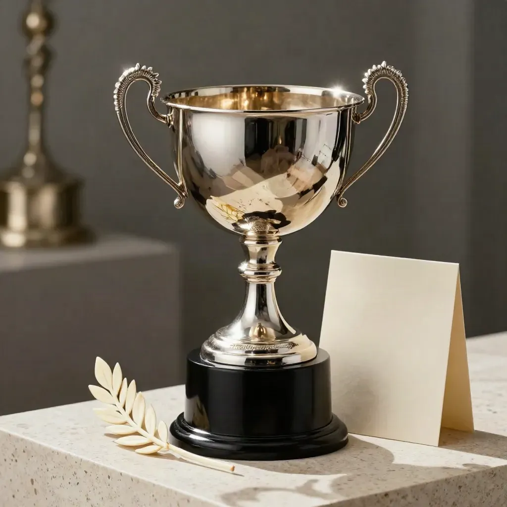 Low-angle classic cup trophy with laurel sprig on travertine, lit by a side beam