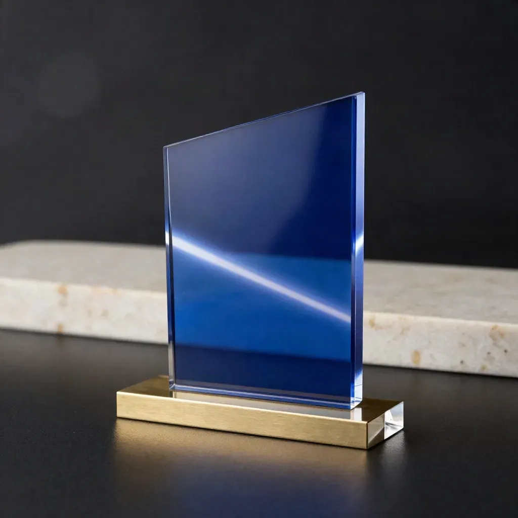 Deep blue acrylic award with gold glints on black, rim lit in haze