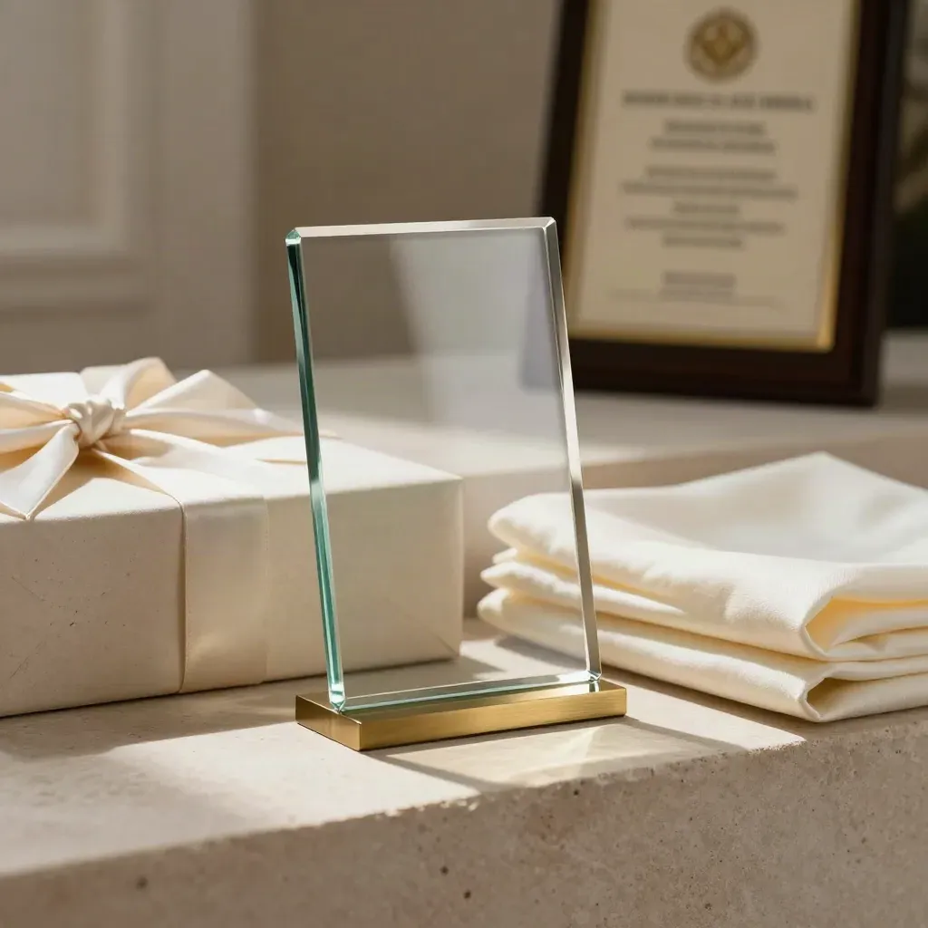 Glass plaque on a pale stone riser with folded cotton and brass accents in soft light.