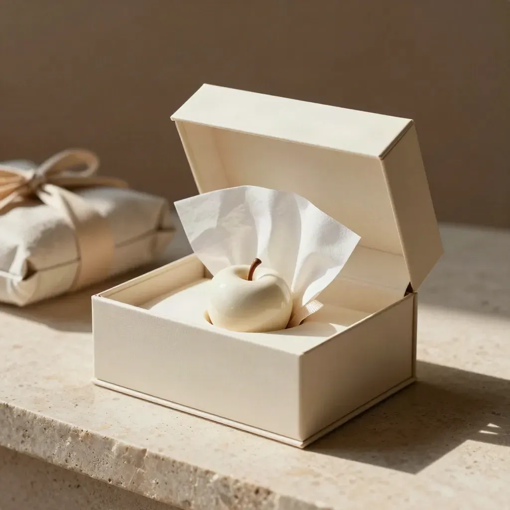 Ivory teacher thank-you gift box opened with tissue, a small keepsake, and ribbon on warm stone