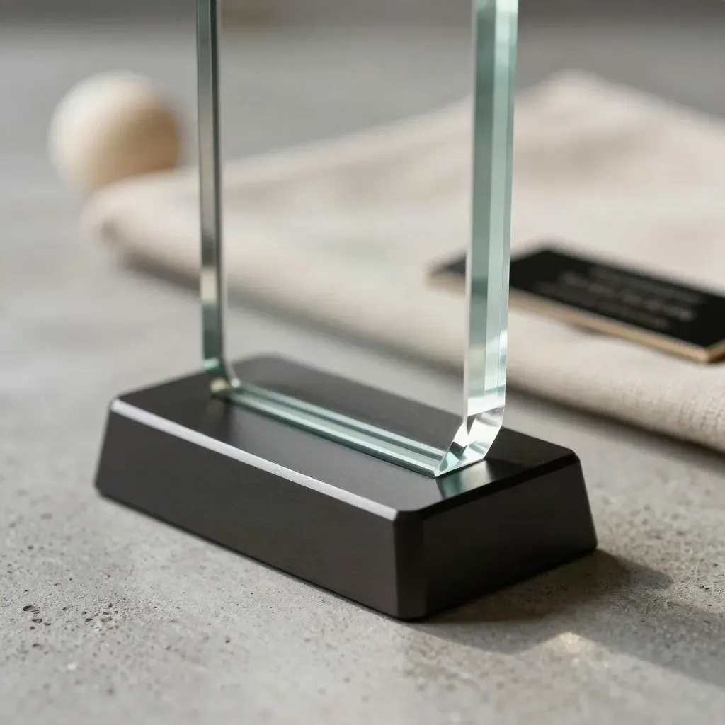 Glass-and-metal conference award beside a folded cloth and small plaque on a dark base.