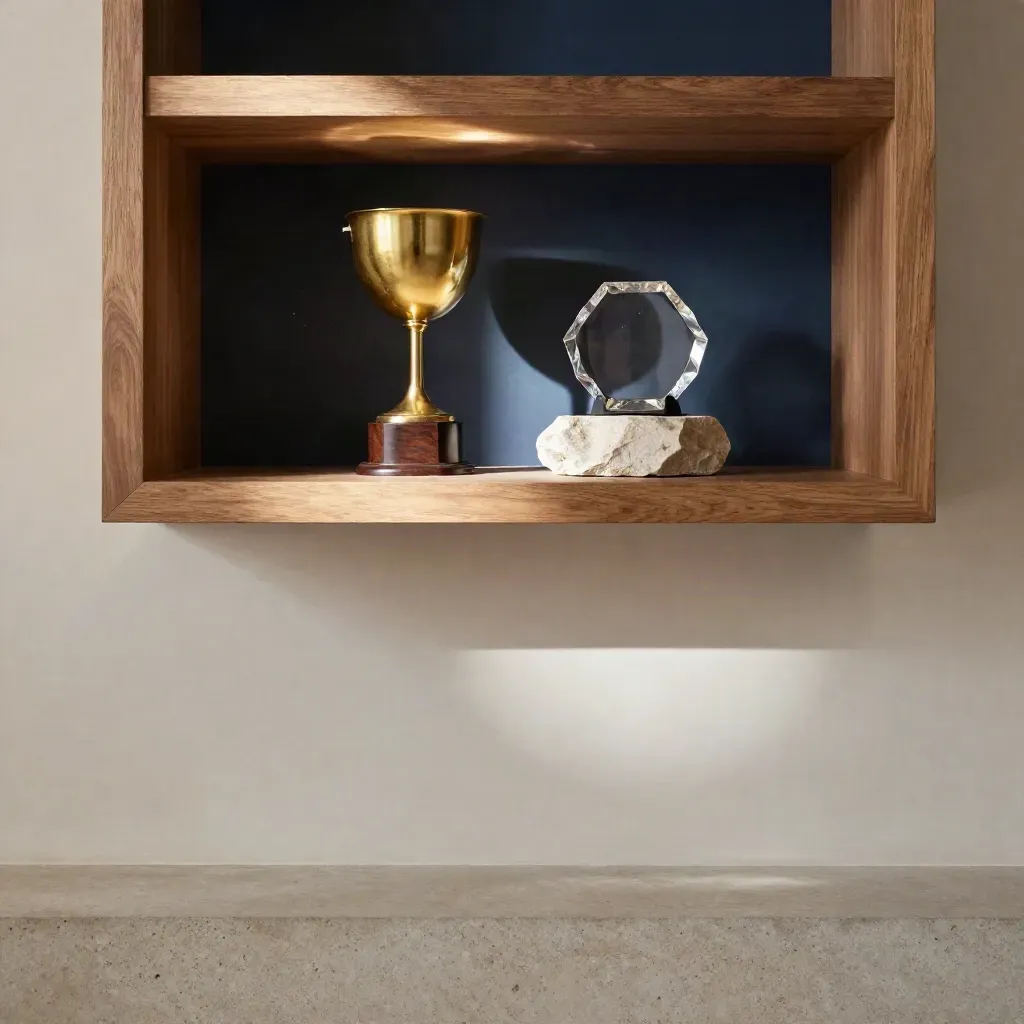 Sunlit trophy cup on stone plinth in a quiet gallery niche with shadowed shelves.