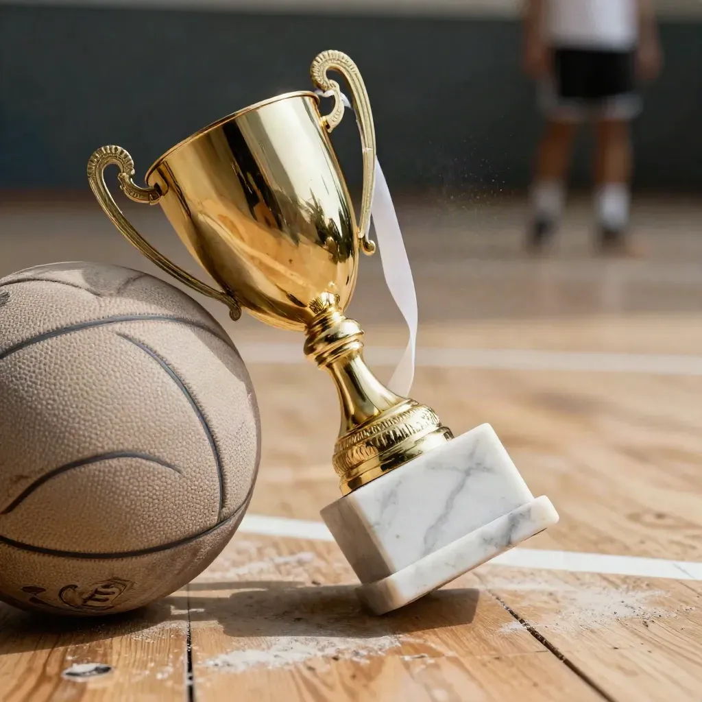 Golden sports trophy on marble base beside a scuffed practice ball in soft haze