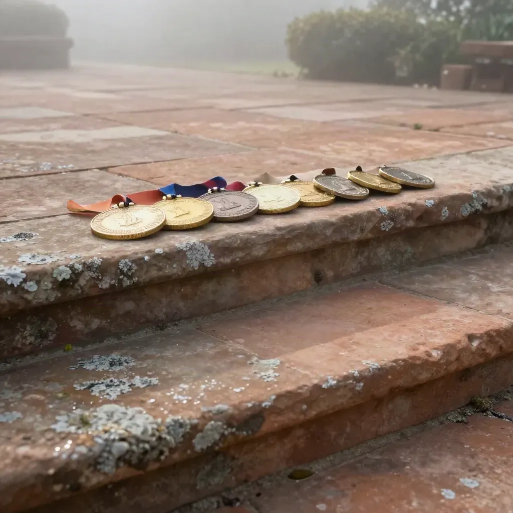 Gold medals on a misty stone garden step with open foggy space for copy