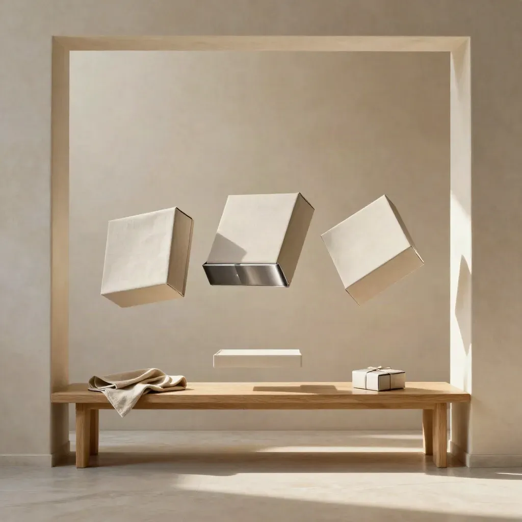 Sunlit landing with gift boxes on a bench in a warm architectural interior