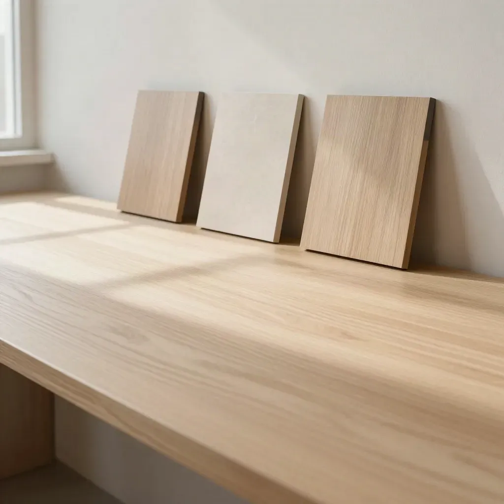 Pale oak surface with three blank plaques leaning against a soft plaster wall in warm daylight.
