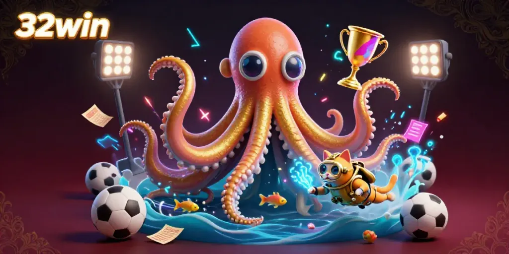 Experience thrilling sports betting action with 32win in a dynamic kraken-themed casino scene featuring vibrant sports elements.