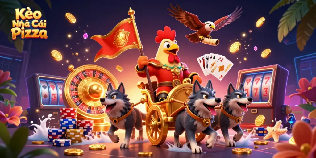 Engage with Kèo Nhà Cái Pizza: A vibrant casino scene featuring a warlord and his companions.