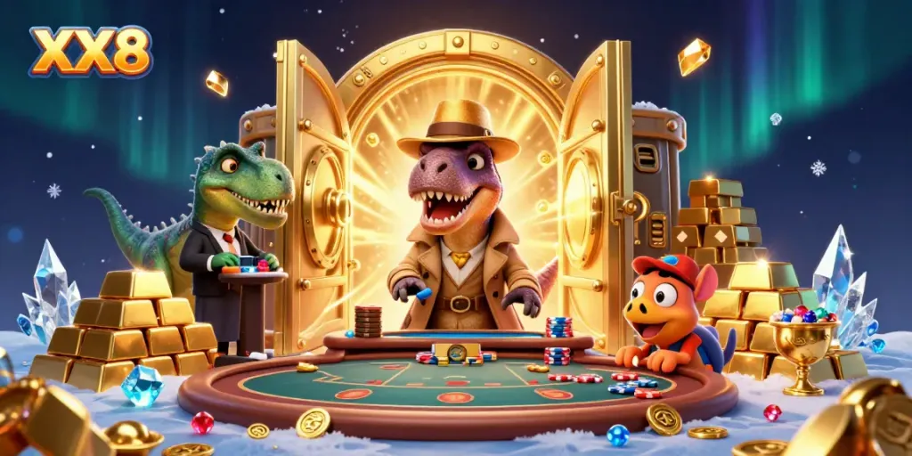 Experience the excitement of XX8 with a cartoon velociraptor card counter at a bustling blackjack table.