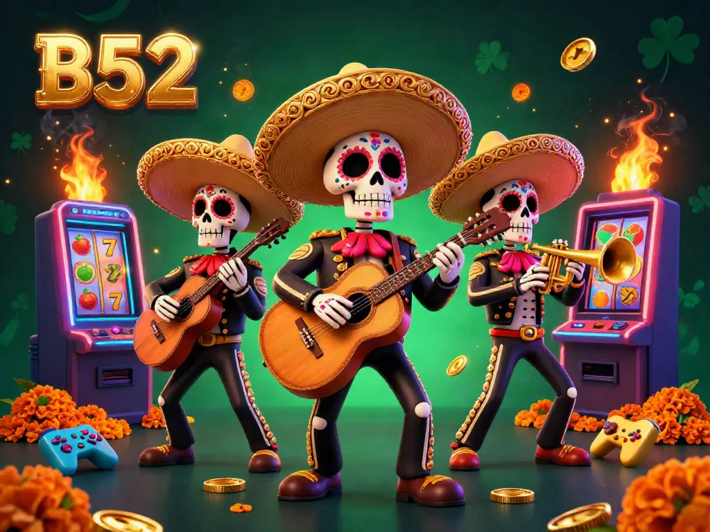 B52-inspired casino scene with vibrant mariachi band and colorful slot machines for engaging gameplay.