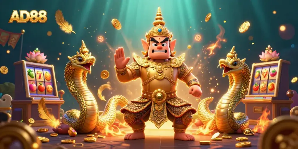 Experience the rich action of AD88 slots in an enchanting temple guardian scene.