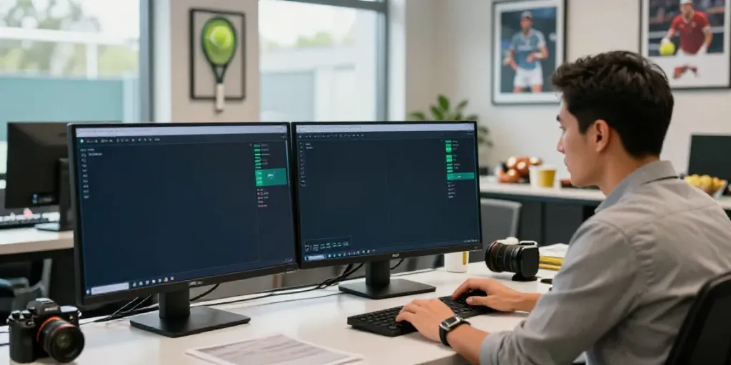 Tennis prediction algorithm analysis in a modern sports analytics office with monitors displaying algorithms.