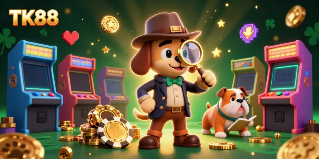 Uncover unique TK88 poker chip clues in a vibrant casino-themed 3D illustration.