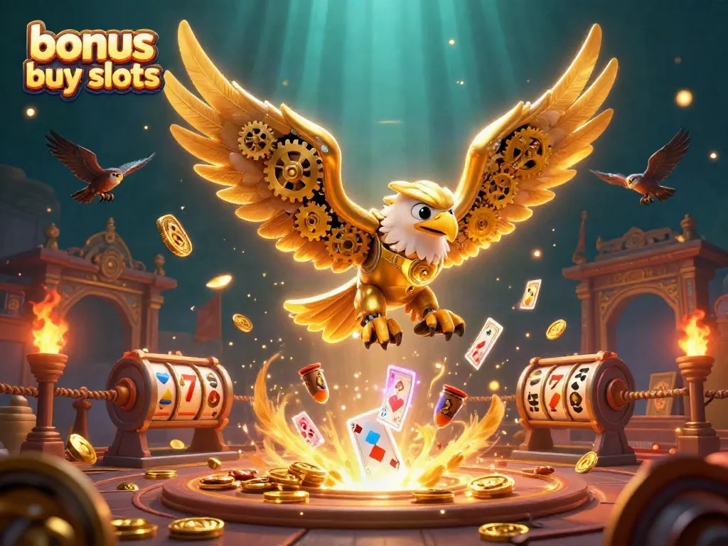 Experience thrilling bonus buy slots in a vibrant 3D casino scene featuring a cybernetic eagle and flying cards.