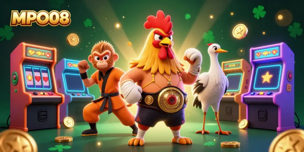 Engage with MPO08's dynamic gaming environment featuring vibrant characters and classic casino elements.