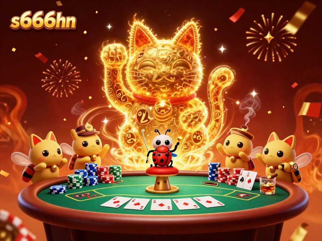 Experience thrilling casino action with s666hn's vibrant lucky cat illustration amidst poker excitement.