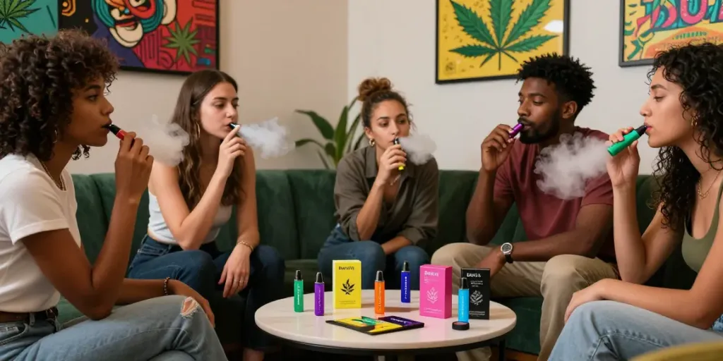 Boutiq Carts being enjoyed by friends in a modern cannabis lounge.