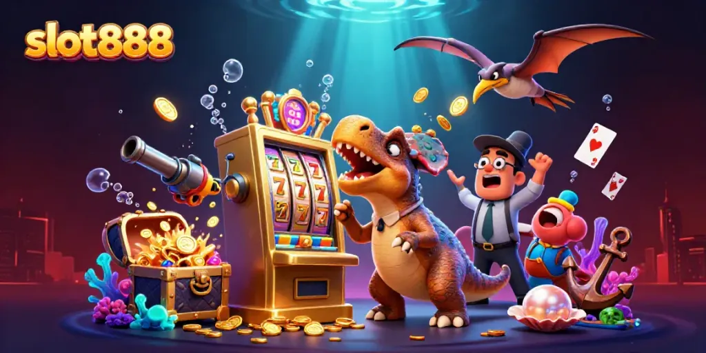 Experience thrilling gameplay with slot888 as a pachycephalosaurus attacks a golden slot machine, catching flying coins.