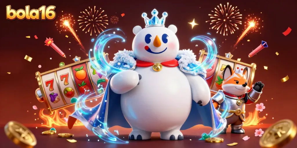 Experience the thrill of bola16 with a vivid illustration of an ice king polar bear and fox among lively casino elements.