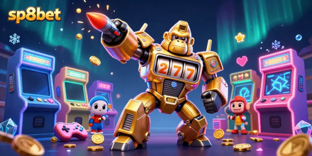 Experience sp8bet's thrill with a golden gorilla mech and vibrant arcade elements in a dynamic casino scene.