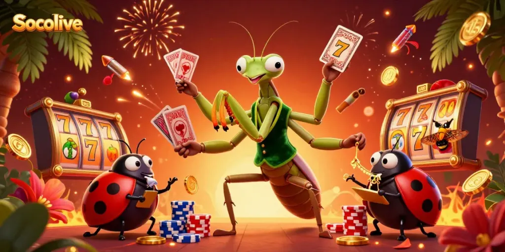 Socolive offers a thrilling casino experience with a vibrant 3D scene of a card sharp and a ladybug pit boss.