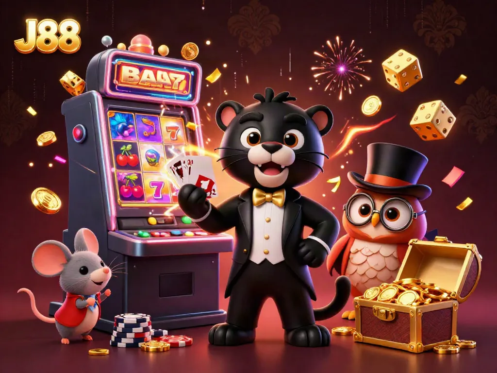 Experience the excitement of J88 with a stylish panther dealer, owl, and lucky mouse in a vibrant casino scene.