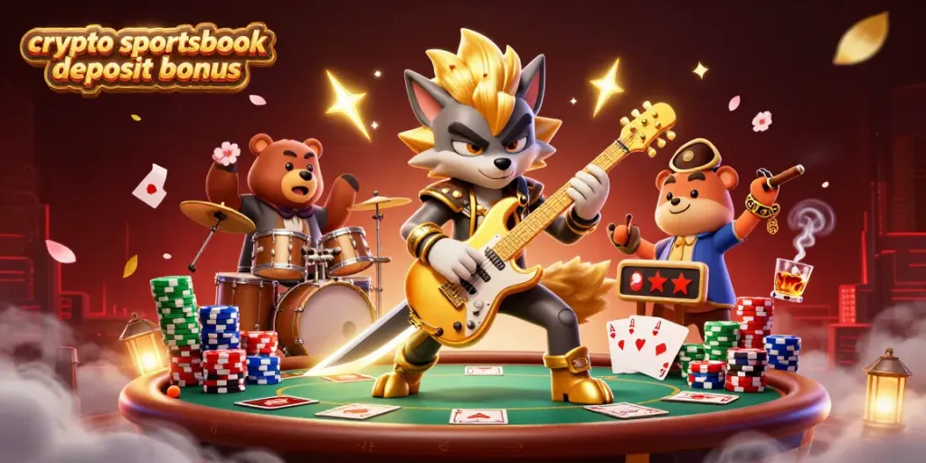 Experience the vibrant energy of crypto sportsbook deposit bonus at an animated casino scene.