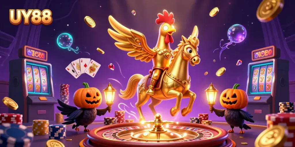 Engage with UY88's vibrant casino scene featuring a golden rooster and dynamic game elements.