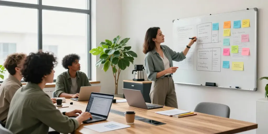 AI content writer for startups team brainstorming in a creative workspace