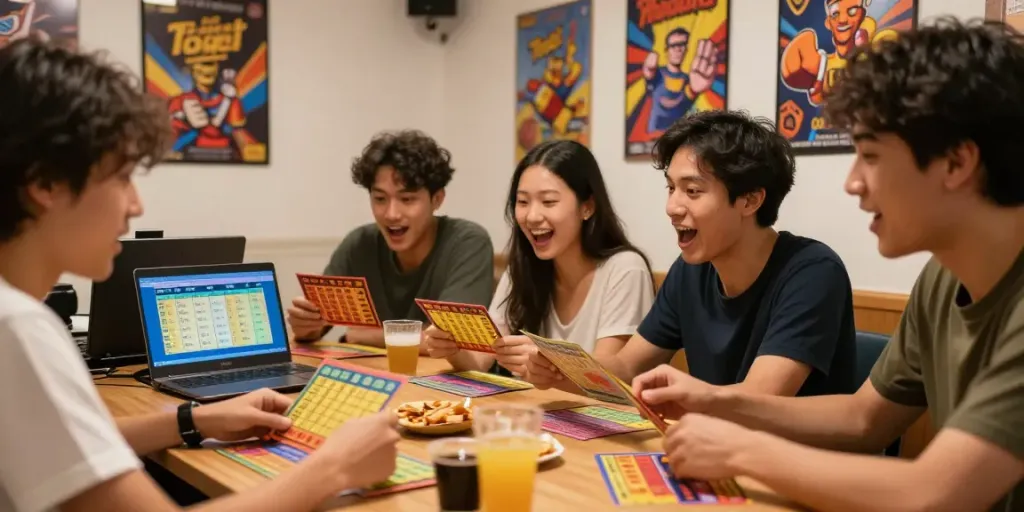 Kelompok teman bermain Togel dengan semangat, diiringi hasil taruhan di laptop.