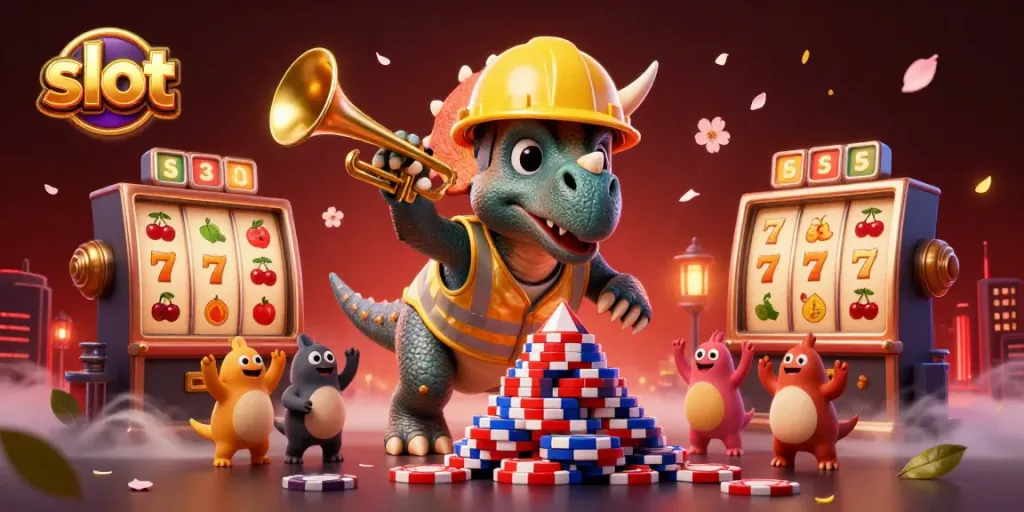 Cheerful characters celebrate gambling success, showcasing slots and jackpot in a vibrant scene