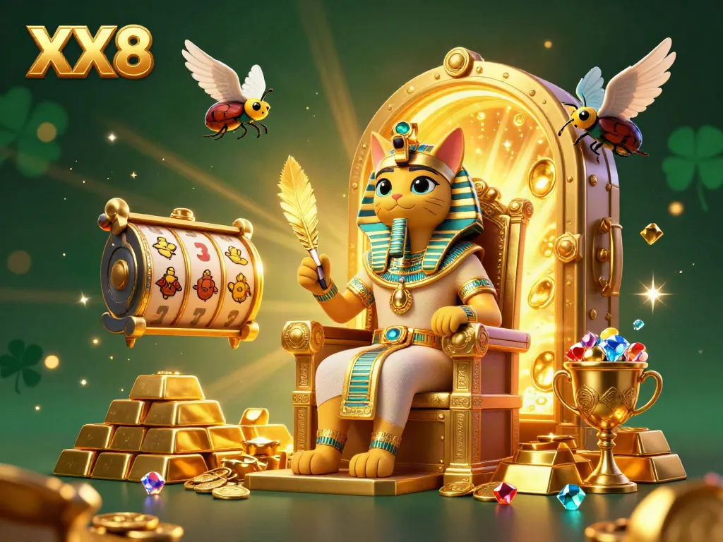 Experience XX8 with an Egyptian pharaoh cat, jewels, and vibrant casino elements in a fantasy scene.