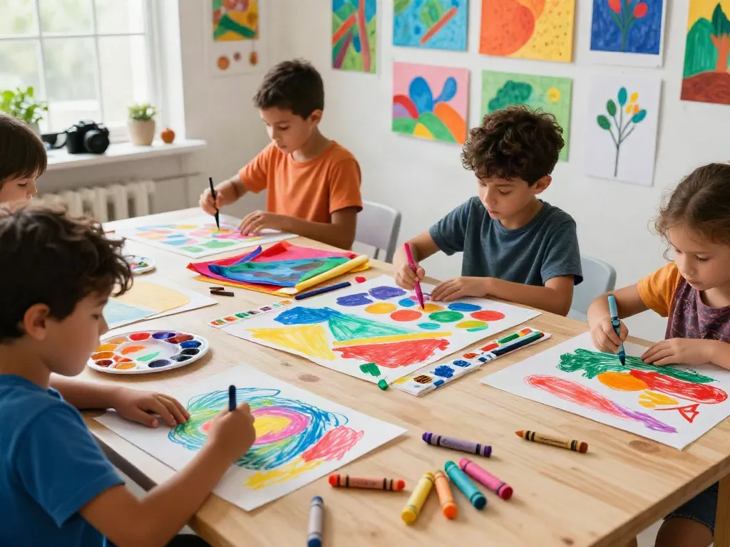 Children using crayons in an art studio, showcasing various crayon manufacturers' products.
