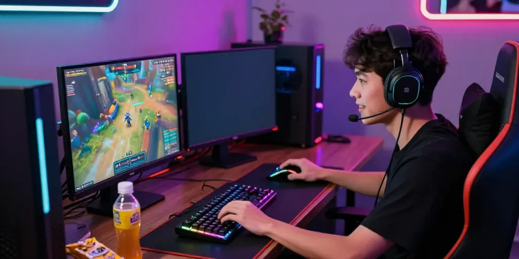 Player fully immersed in the K177 game on an advanced gaming setup, showcasing vibrant graphics and RGB peripherals.