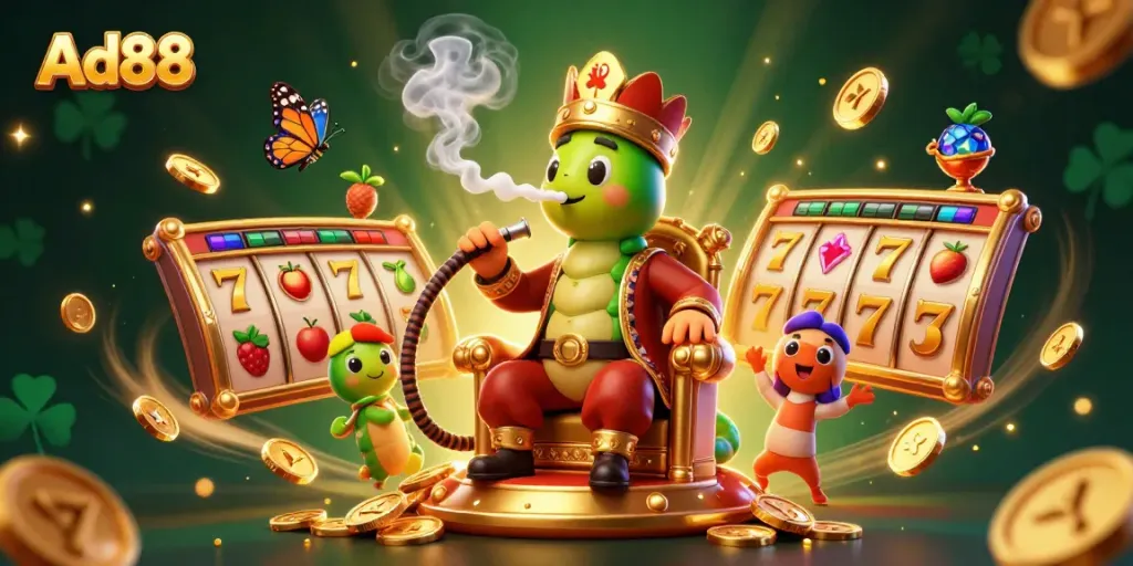 Experience Ad88 excitement with a vibrant 3D scene of luck and gaming.