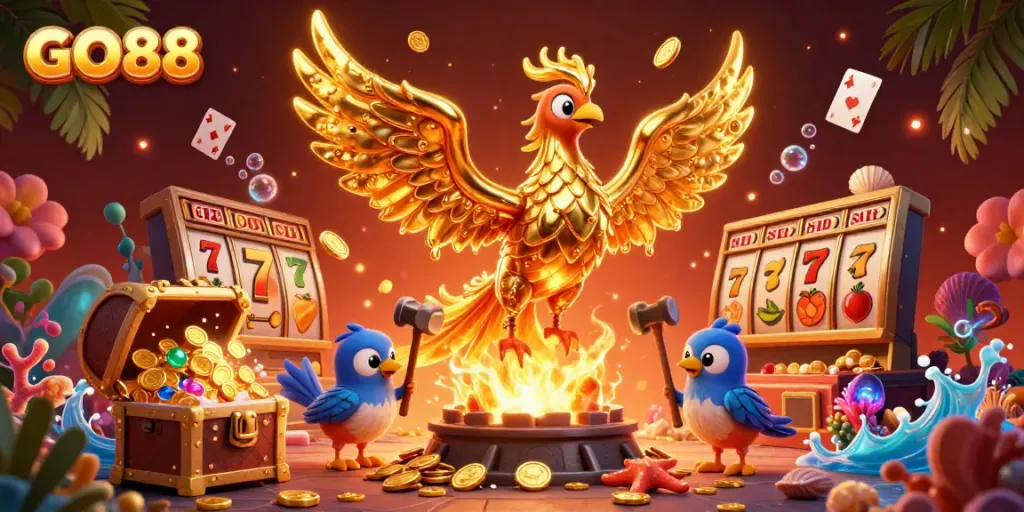 Experience winning thrills at GO88 with a golden phoenix and vibrant casino elements.