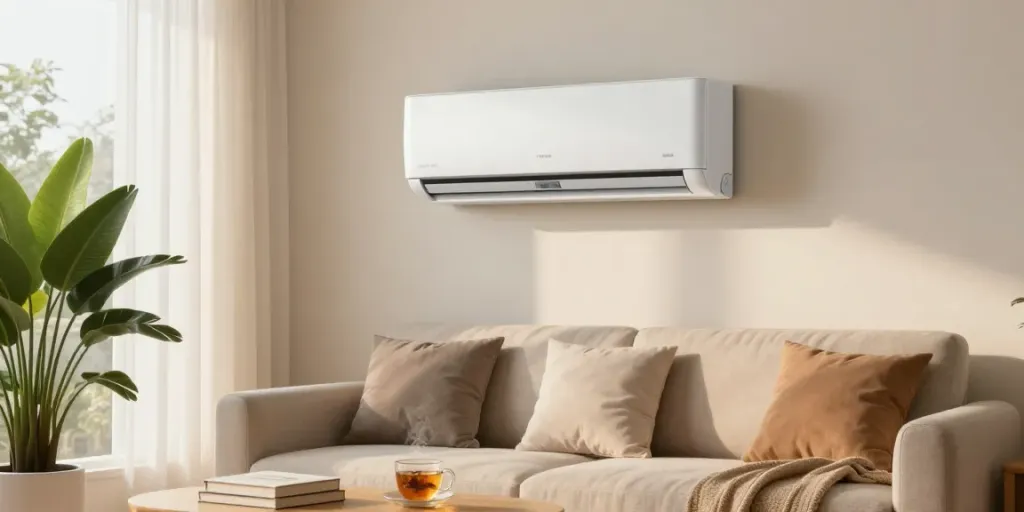 Cozy living room showcasing a mini split air conditioner, stylish furniture, and natural lighting.