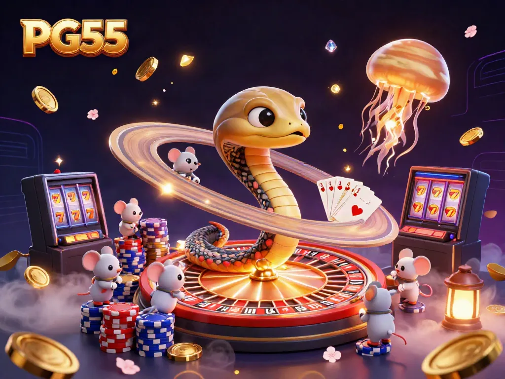 Betting on PG55 with cartoon mice in a vibrant 3D cosmic casino scene.